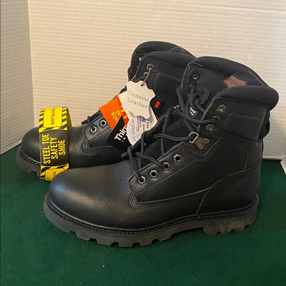 Goodwrench Work Boots Size 9 Black Genuine Leather Steel Toe & Steel Plate